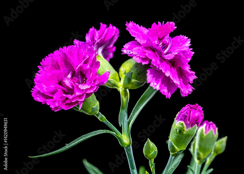 Obraz na płótnie Pink carnation flowers with water droplets black background w salonie