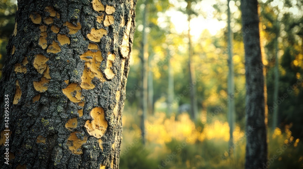 Fototapeta premium Sunlit forest with close-up of patterned tree bark adding texture and depth