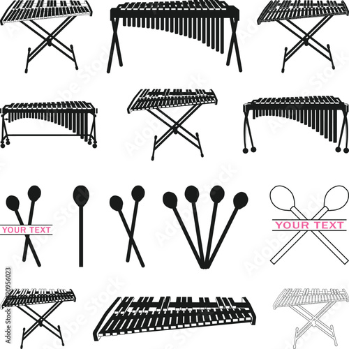 Marimba Mallets SVG Silhouette, Marimba Silhouette, Percussion SVG, Marching Band Silhouette, Drumsticks Vector, Drumming, xylophone svg