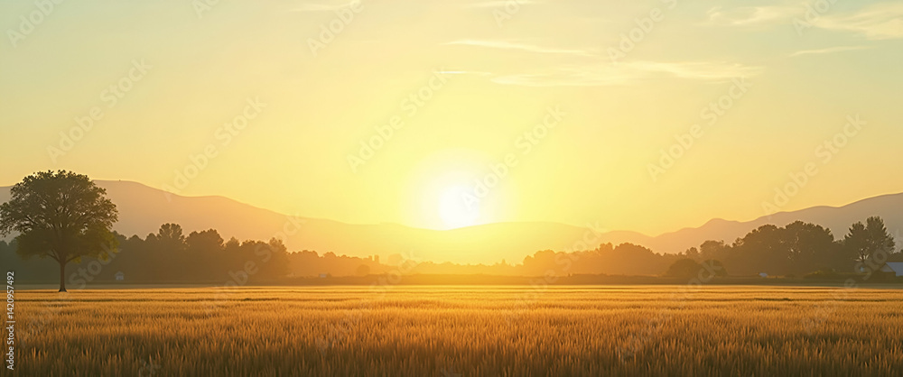 Fototapeta premium Farm Landscape with Sun Border: Inspirational Space for World Farmers Day Messages - Celebrate Farmers with a Beautiful Rural Scene and Empty Left Side for Text