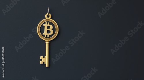 A golden bitcoin key hanging against a dark background symbolizing cryptocurrency access and security