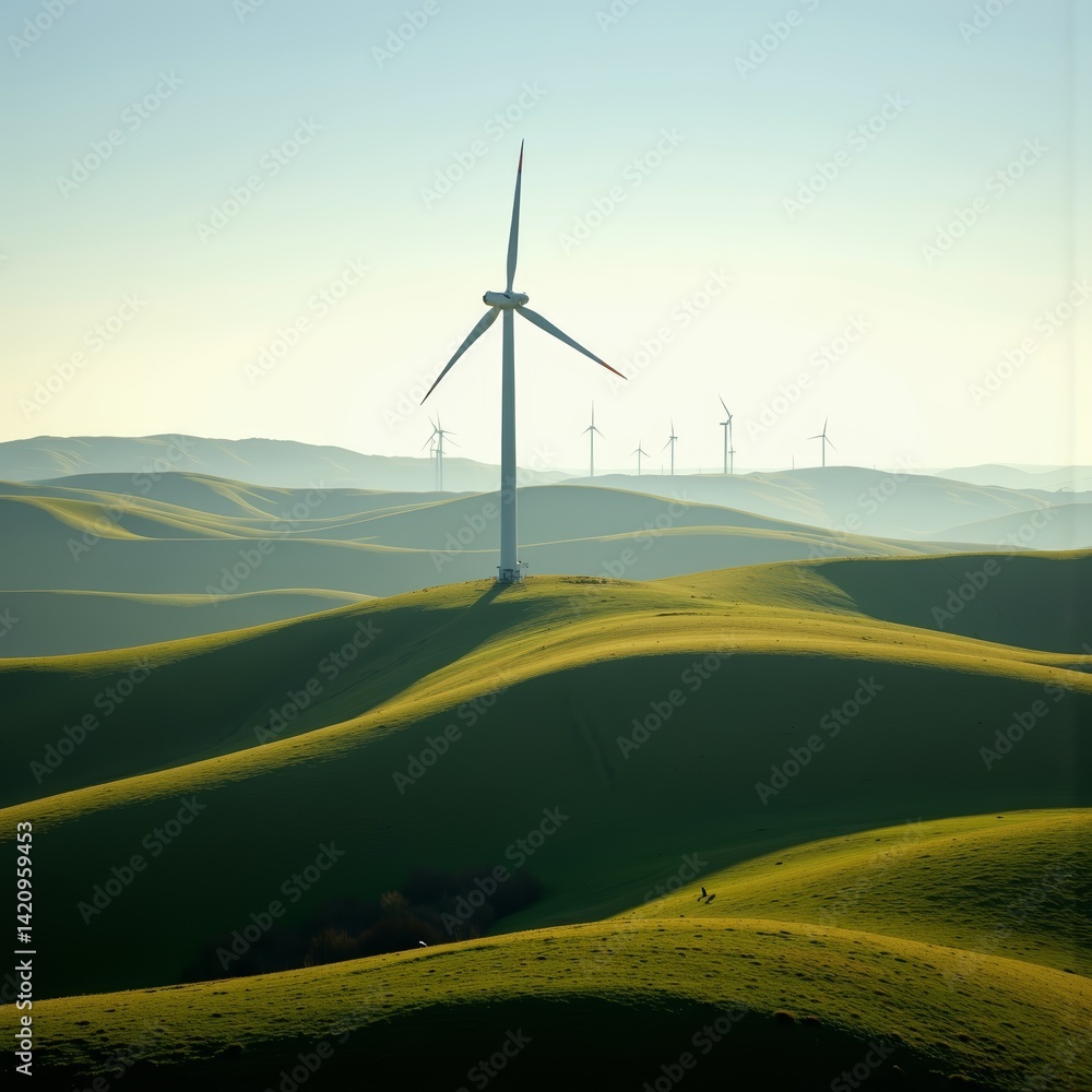 Fototapeta premium Wind turbine generating clean energy in green landscape 