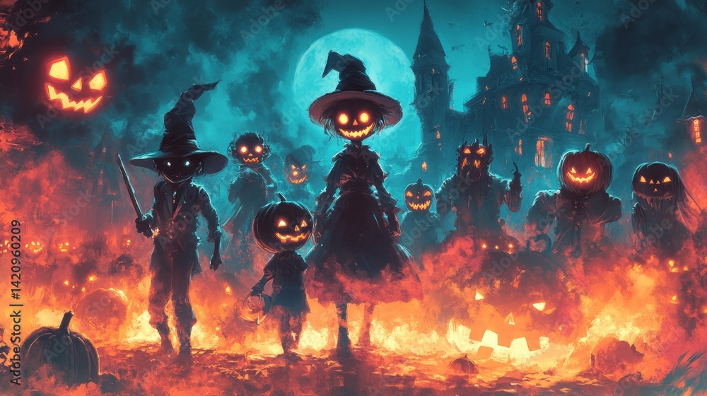 Halloween group of creatures standing before haunted house and moon Halloween group of creatures standing before haunted house and moon