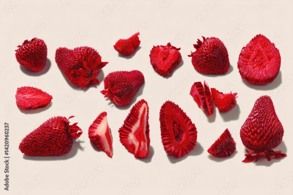 Red Strawberries, Various Slices and Whole Fruits Red Strawberries, Various Slices and Whole Fruits