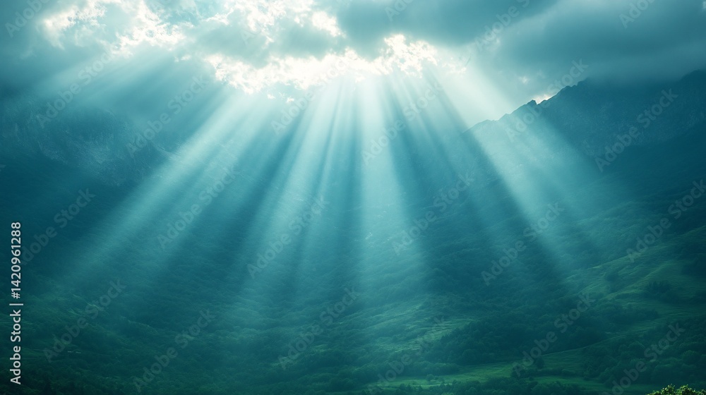 Fototapeta premium Sunbeams breaking through clouds after rain over a mountain range texture background