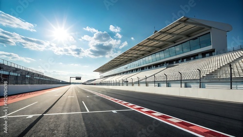 Modern Race Track Asphalt and Grandstand under Sunny Sky