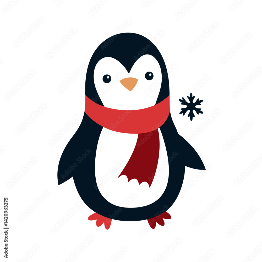 Fototapeta premium Vintage Penguin in Scarf with Snowflakes Graphic T-Shirt Design