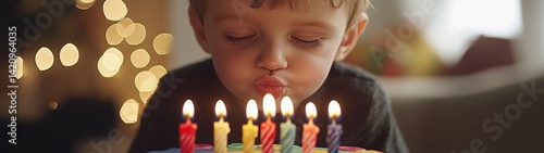 Wallpaper Mural A young boy joyfully blowing out candles on his birthday cake surrounded by friends Torontodigital.ca