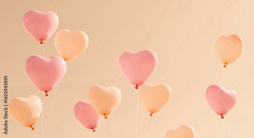 Heart-shaped balloons floating against a soft pastel background Heart-shaped balloons floating against a soft pastel background