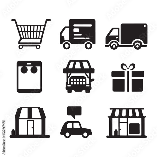-commerce and Delivery Vector Icons: Cart, Truck, Smartphone, Gift, Shop, Car