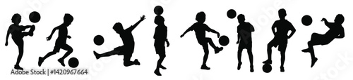 hand draw silhouette kid playing football vector illustration