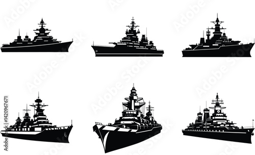 Navy battleship on water silhouette black vector art design set