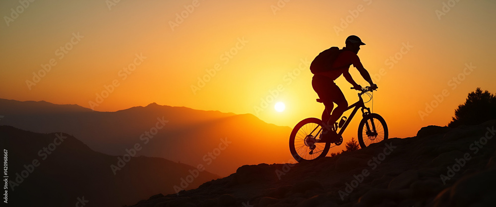 Obraz premium Silhouette of Mountain Biker on Rocks at Sunset: Adventure Outdoor Sports & Nature's Beauty in Golden Hour - Photo Stock Concept with Empty Space
