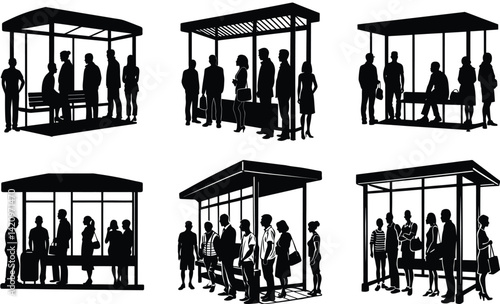 People waiting at a bus stop silhouette black vector art set design