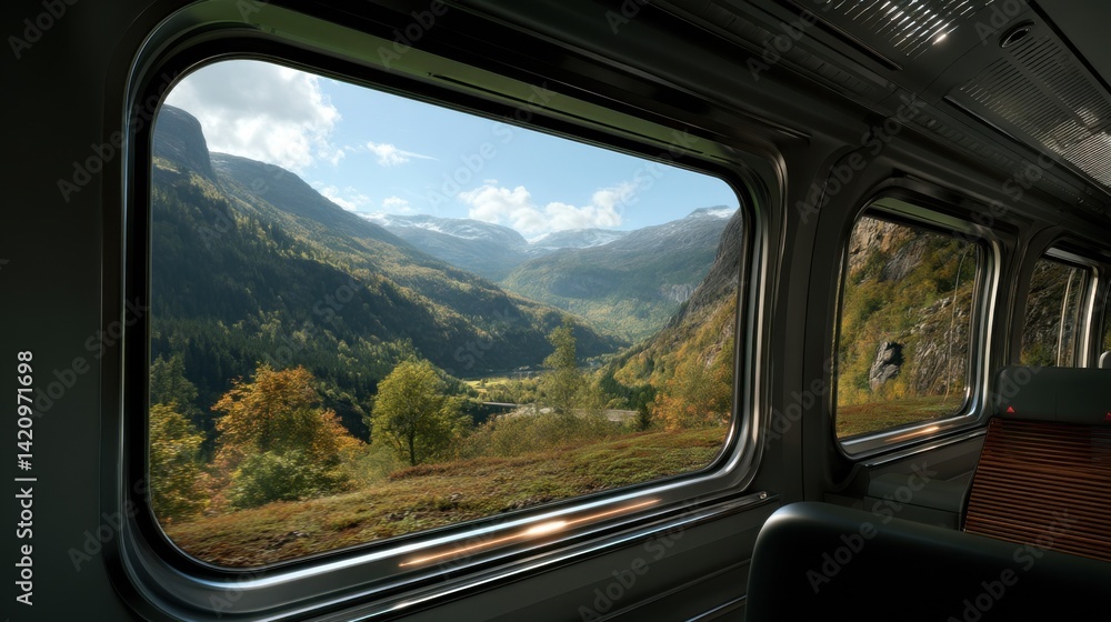 Scenic view from luxury train window of lush green mountains, autumn trees, and snow-capped peaks under a bright blue sky in a photorealistic landscape travel setting Scenic view from luxury train window of lush green mountains, autumn trees, and snow-capped peaks under a bright blue sky in a photorealistic landscape travel setting