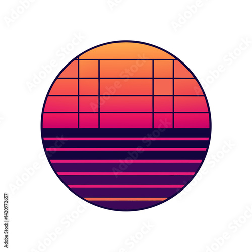sunset circle with 80s vaporwave colors and grid lines graphic t-shirt design vector