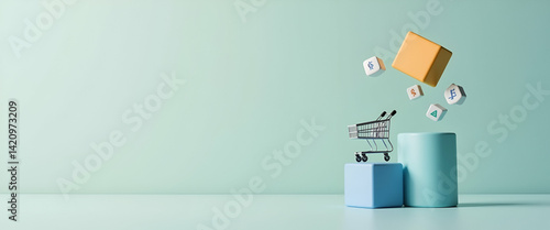 sale volume increase make business success flips cube icon goal shopping cart symbol concept as A flipped cube with goal and shopping cart icons symbolizes growth in sales and achieving business targe