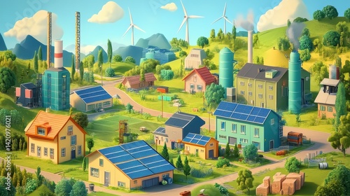 Isometric 3D energy plant with modular solar panels, wind towers, and battery storage, surrounded by green plots 