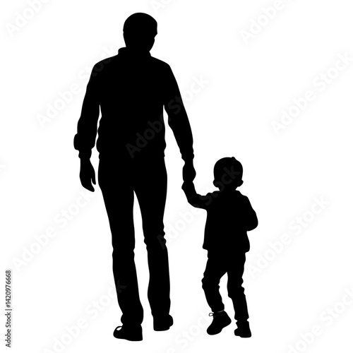 Silhouette Of Father Walking Hand In Hand With Young Son On White Background