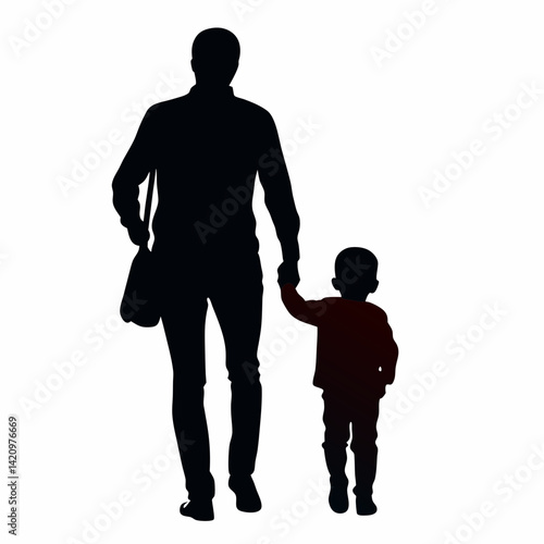 Father And Son Silhouette Walking Together Holding Hands Vector Illustration