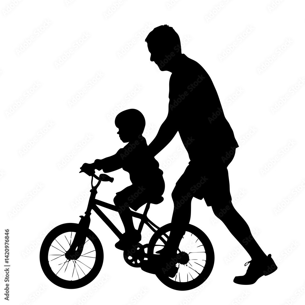 Fototapeta premium Father Teaching His Son To Ride A Bicycle In Silhouette