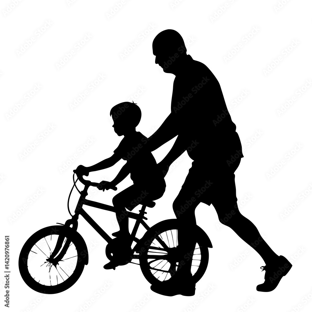 Fototapeta premium Father Teaches Son To Ride Bike Silhouette Family Bonding Moment Togetherness