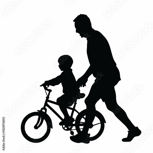 Silhouette Of Father Teaching Son To Ride A Bike Outdoors Illustration