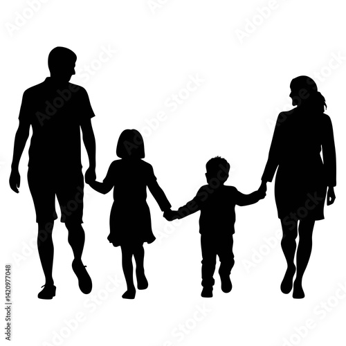 Family Walking Together Silhouette Happy Parents With Children Holding Hands Illustration