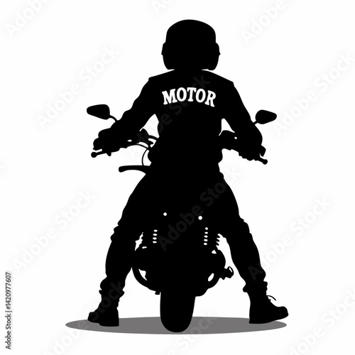Biker Silhouette With Motorcycle Rear View Isolated On White Background