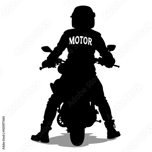 Back View Silhouette Of Motorcyclist Wearing Helmet Riding On Motorcycle