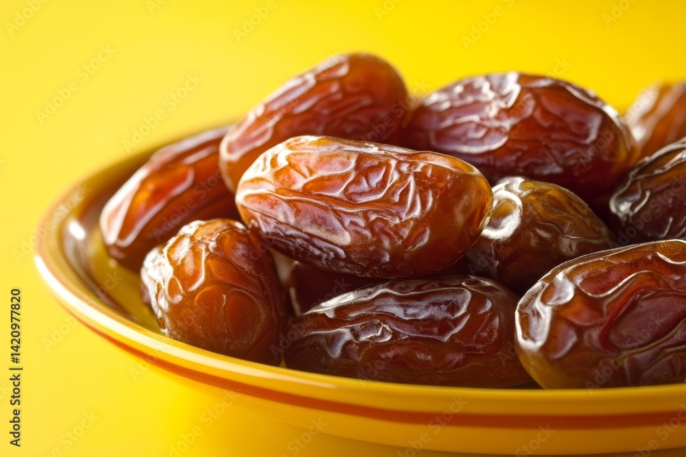 Close-up of a dish of dates. Sweet, dried fruits arranged closely together, exhibiting a rich brown hue. A warm yellow background enhances the texture and color of the dates Close-up of a dish of dates. Sweet, dried fruits arranged closely together, exhibiting a rich brown hue. A warm yellow background enhances the texture and color of the dates