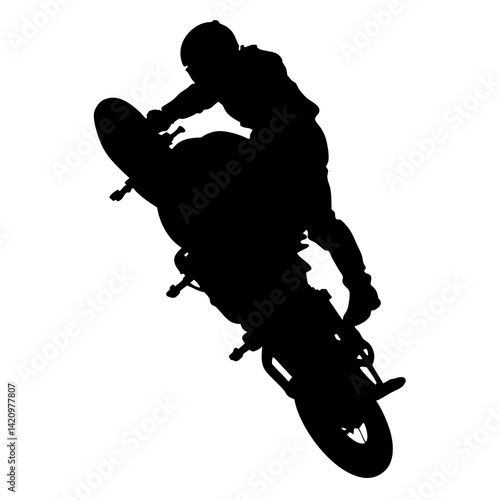 Motorcycle Stunt Silhouette Performing Tricks And Riding On One Wheel Isolated