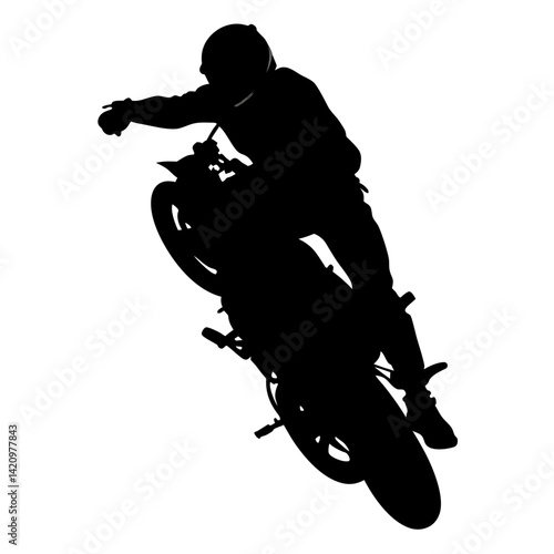 Motorcycle Stunt Silhouette Isolated Against White Background Performing Wheelie
