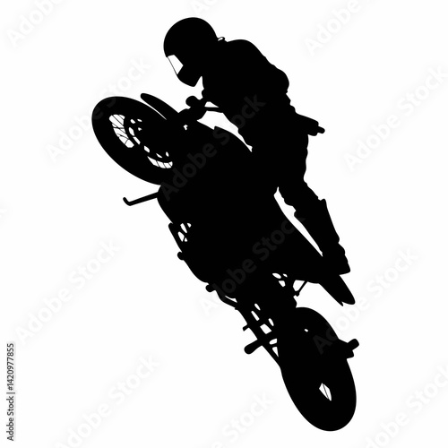 Silhouette Of A Biker Performing A Wheelie On A Motorcycle On White Background