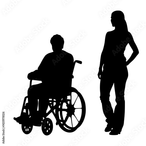 Silhouette Of Man In Wheelchair With Woman Standing By His Side Isolated