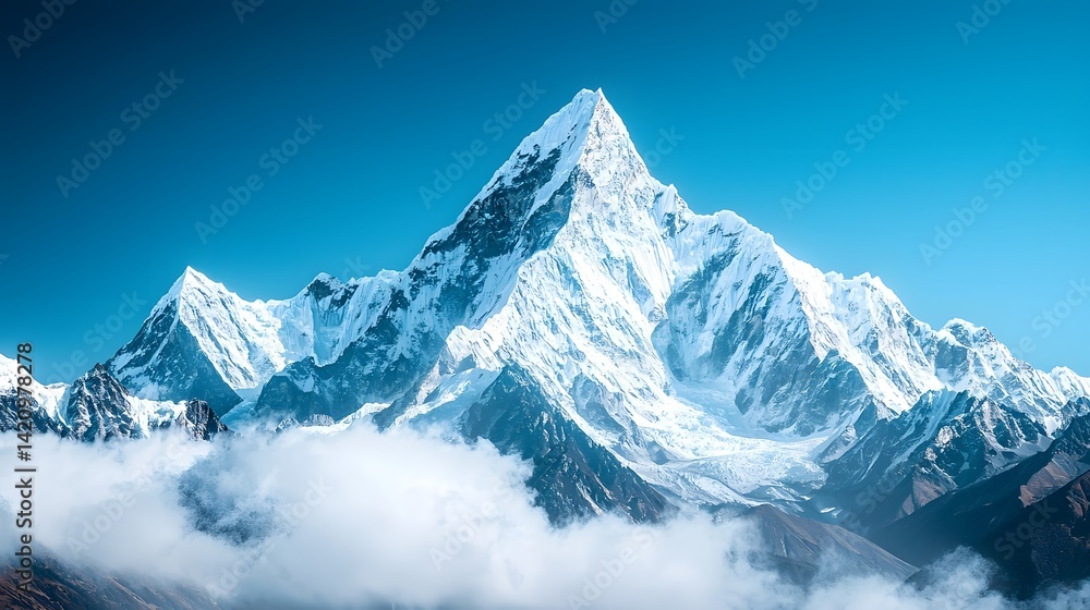 Majestic Snow Capped Mountain Peaks Reaching Towards Clear Blue Sky Majestic Snow Capped Mountain Peaks Reaching Towards Clear Blue Sky
