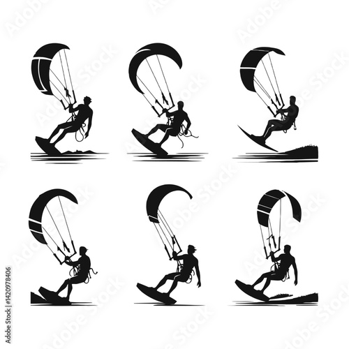 Six black silhouettes of a kitesurfer on a board with a kite isolated on a white background image