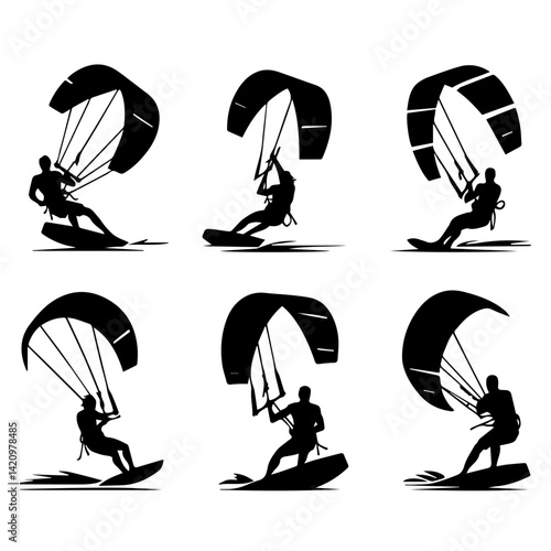 Six kitesurfing silhouettes in various poses against a white background showing action and water sports