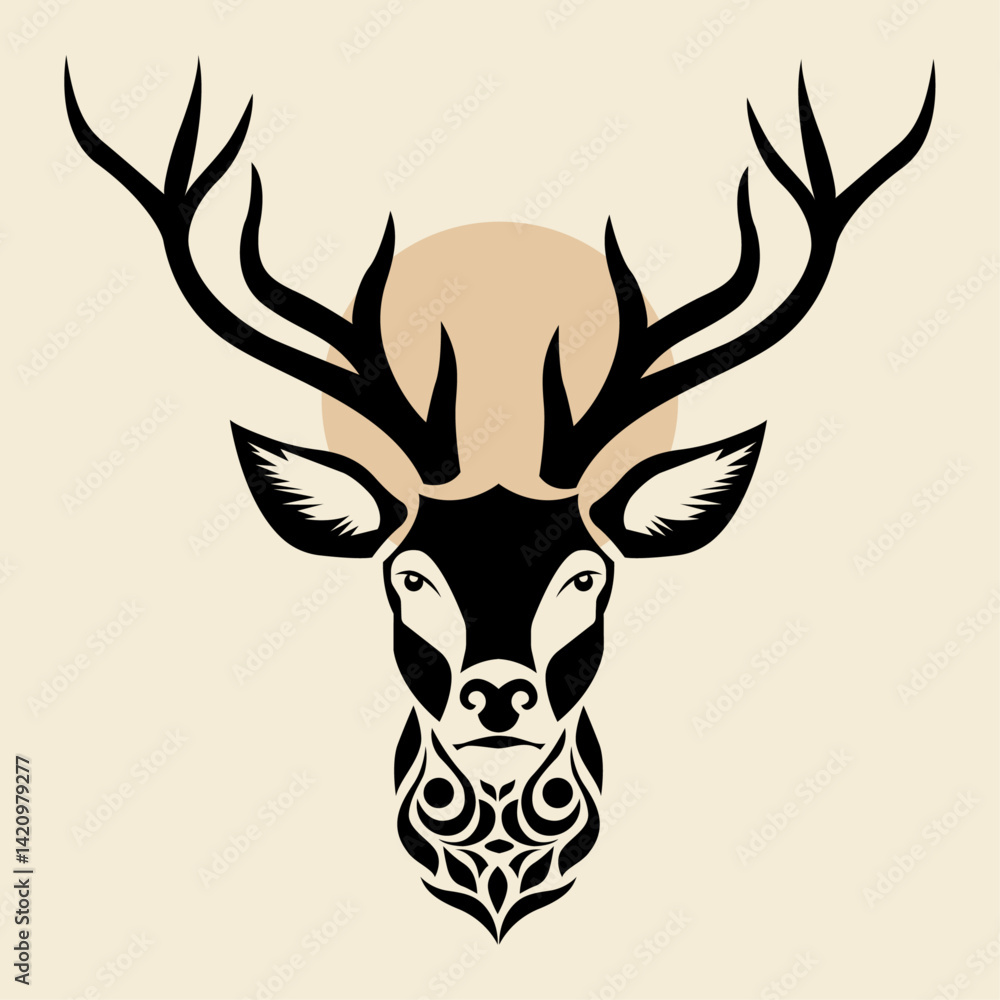 Fototapeta premium Black Deer Head Tribal Vector Art – Majestic Stag Silhouette Design
