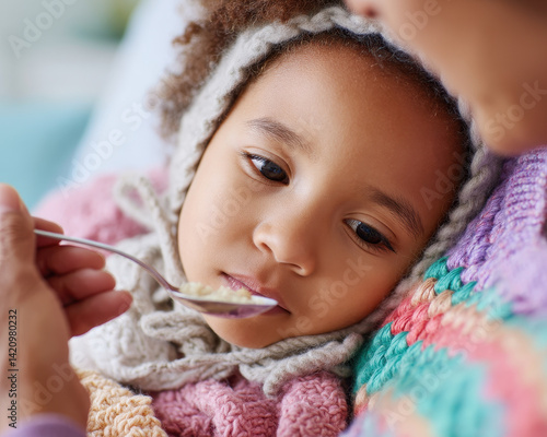 Caring mother spoon feeding her sick child, showcasing tender moment of love and support during difficult time