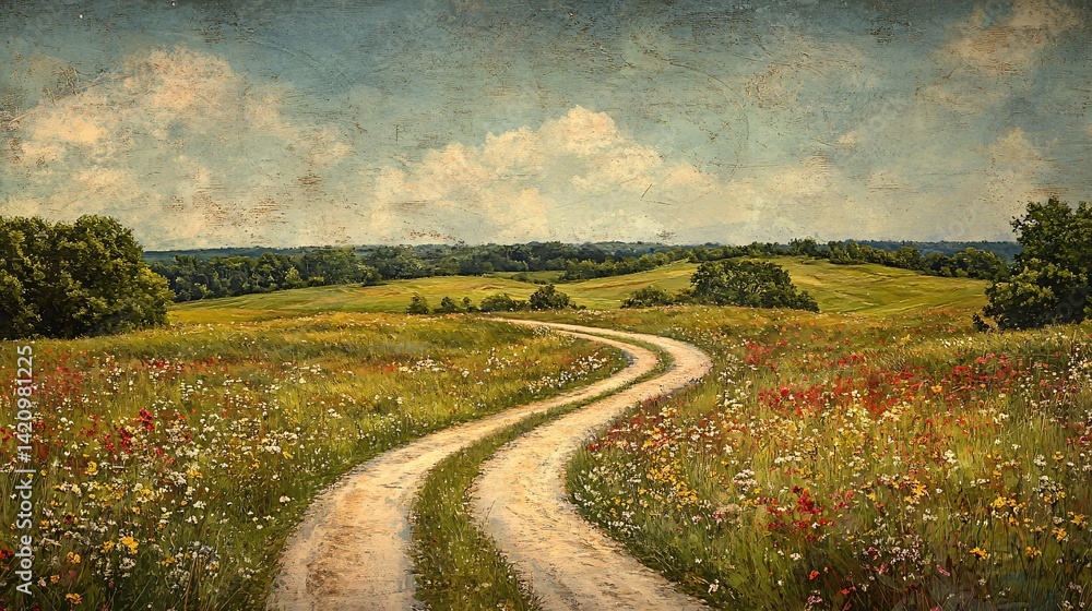 Naklejka premium Winding rural road through flower fields under bright spring skies texture background