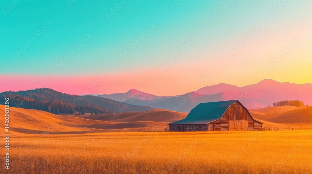 Right-aligned country barn and distant hills, pastel mint background with subtle lighting that promotes serenity and stillness Right-aligned country barn and distant hills, pastel mint background with subtle lighting that promotes serenity and stillness