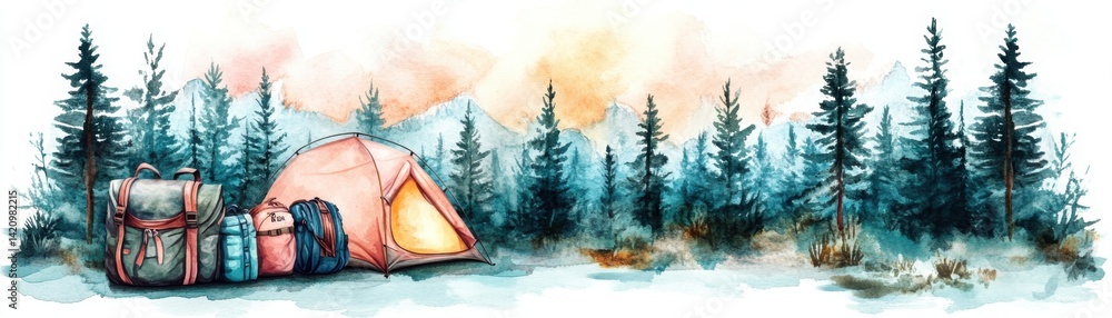 A serene camping scene with a colorful tent and backpacks surrounded by tall evergreen trees and distant mountains, bathed in soft, warm light.