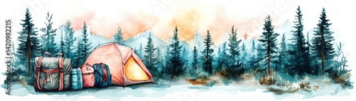 Obraz na płótnie A serene camping scene with a colorful tent and backpacks surrounded by tall evergreen trees and distant mountains, bathed in soft, warm light. w salonie