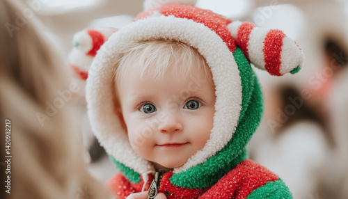 Festive baby wearing colorful holiday outfit with cheerful expression, perfect for celebrating season