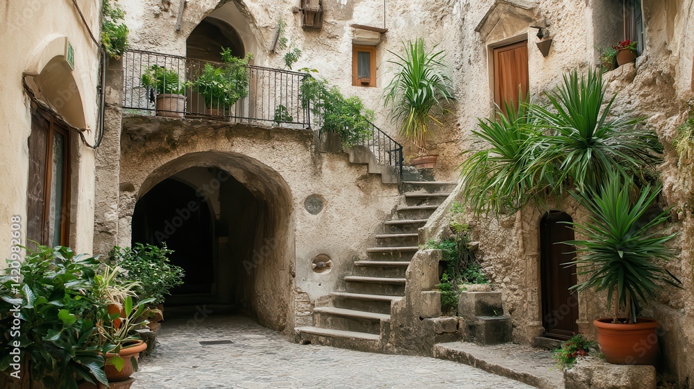 Fototapeta premium Italian village courtyard stairs, plants, travel