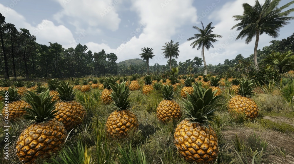 Lush pineapple field stretches towards a tropical horizon. Lush pineapple field stretches towards a tropical horizon.