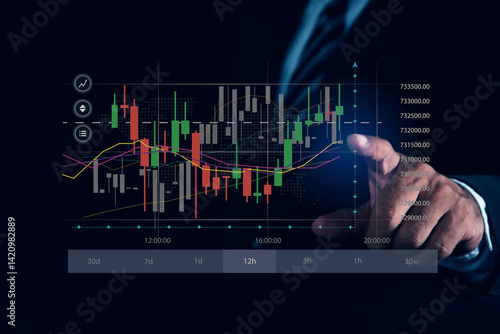 Obraz na płótnie Online trading, Investment, Strategy market plan, Businessman working analysing stock market data on virtual screen of monitor Stock market dashboard. w salonie