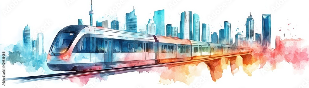 Obraz premium A vibrant watercolor illustration of a modern train traveling through a cityscape filled with tall buildings and vibrant colors.