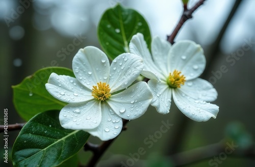 Close-up of dew-kissed dogwood flowers with lush green leaves in natural setting